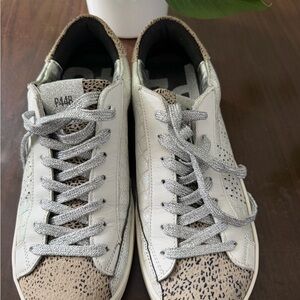 P448 Women's White Leather Sneakers with Silver Laces and Tan Speckle